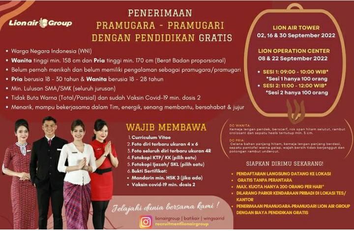 Lion Air Group Buka Lowongan Kerja sebagai Pramugara dan Pramugari