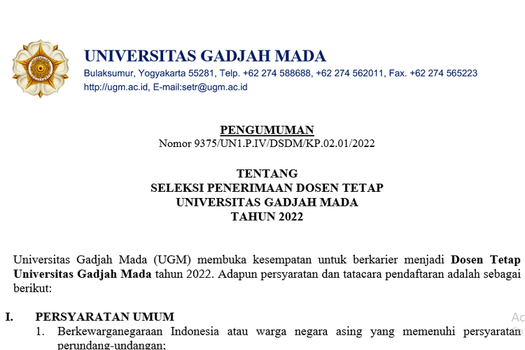 UGM Buka Lowongan Kerja Dosen Tetap